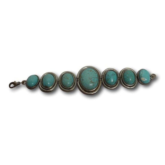 Vintage Silver Tone & Faux Turquoise Toggle Bracelet 7” - Picture 1 of 4